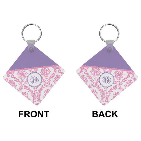 Pink, White & Purple Damask Diamond Keychain (Front + Back)