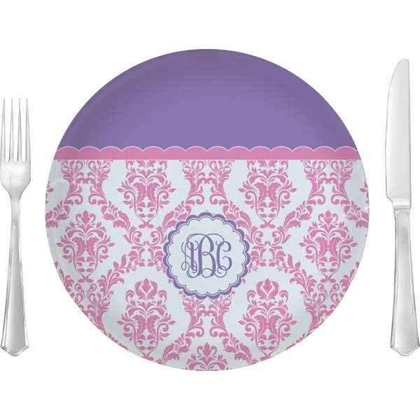 Custom Pink, White & Purple Damask Glass Lunch / Dinner Plate 10" (Personalized)