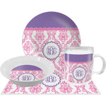 Pink, White & Purple Damask Dinner Set - Single 4 Pc Setting w/ Monograms