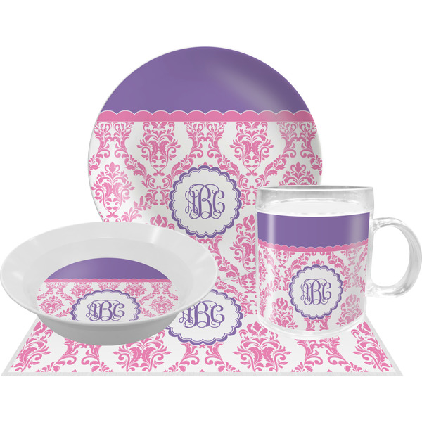 Custom Pink, White & Purple Damask Dinner Set - Single 4 Pc Setting w/ Monograms