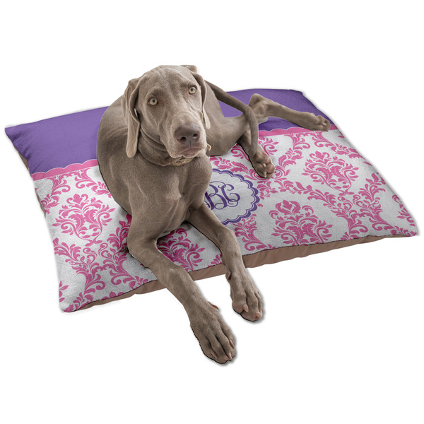 Custom Pink, White & Purple Damask Dog Bed - Large w/ Monogram