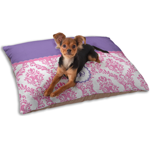 Custom Pink, White & Purple Damask Dog Bed - Small w/ Monogram