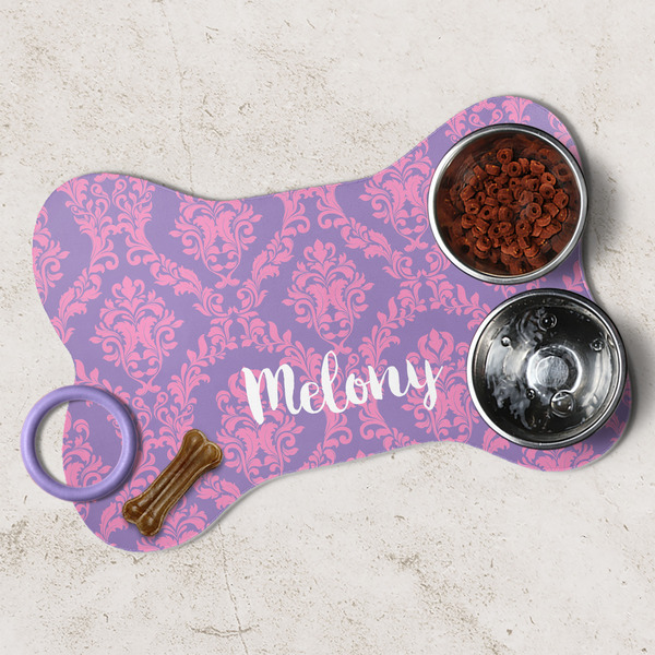 Pink, White & Purple Damask Dog Bone Shaped Mat Lifestyle