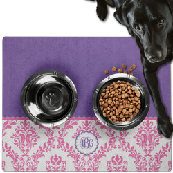 Pink, White & Purple Damask Dog Food Mat - Large w/ Monogram