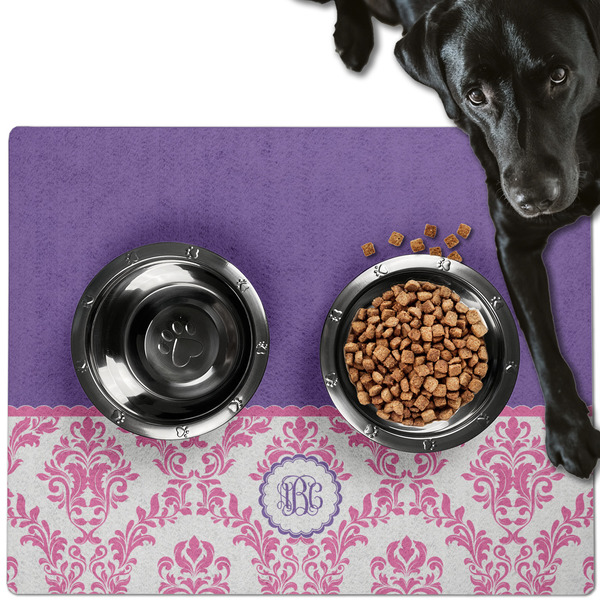 Custom Pink, White & Purple Damask Dog Food Mat - Large w/ Monogram