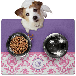 Pink, White & Purple Damask Dog Food Mat - Medium w/ Monogram