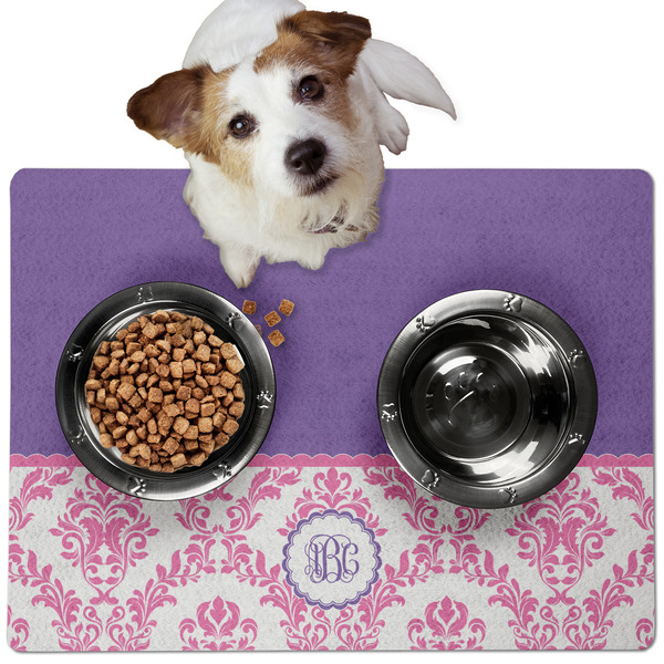 Custom Pink, White & Purple Damask Dog Food Mat - Medium w/ Monogram