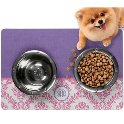 Pink, White & Purple Damask Dog Food Mat - Small w/ Monogram
