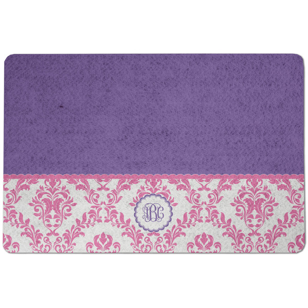 Custom Pink, White & Purple Damask Dog Food Mat w/ Monogram