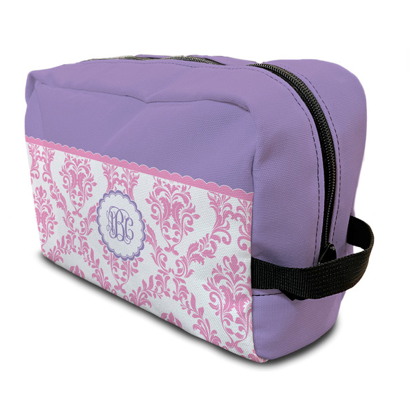 Custom Pink, White & Purple Damask Toiletry Bag / Dopp Kit (Personalized)