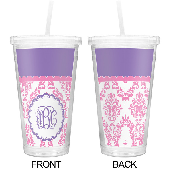 Pink, White & Purple Damask Double Wall Tumbler with Straw - Approval