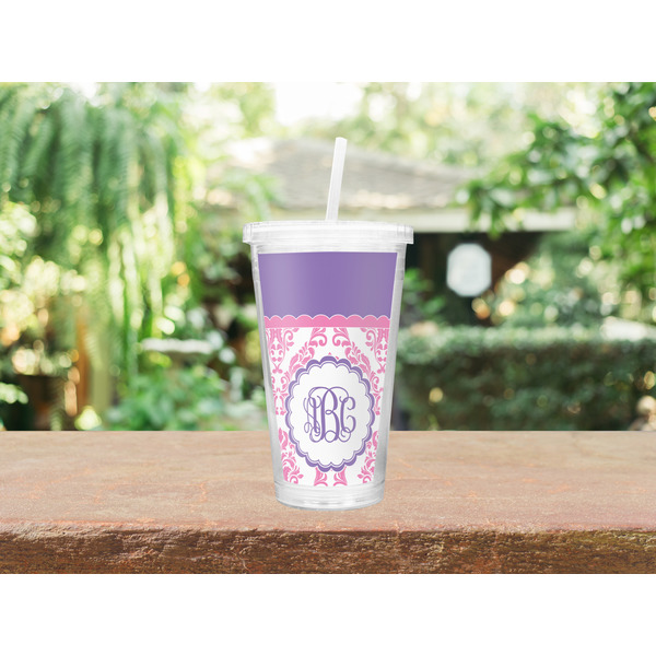 Pink, White & Purple Damask Double Wall Tumbler with Straw Lifestyle