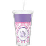 Pink, White & Purple Damask Double Wall Tumbler with Straw (Personalized)