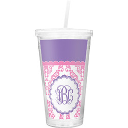 Pink, White & Purple Damask Double Wall Tumbler with Straw (Personalized)