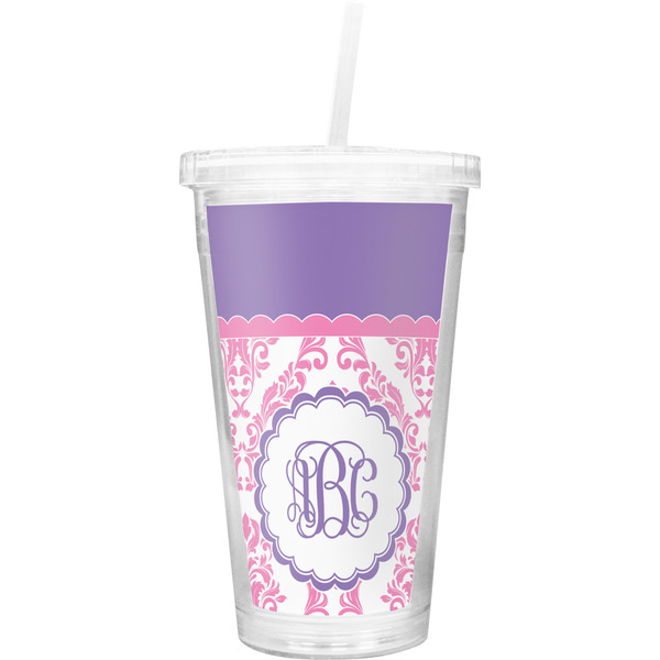 Custom Pink, White & Purple Damask Double Wall Tumbler with Straw (Personalized)