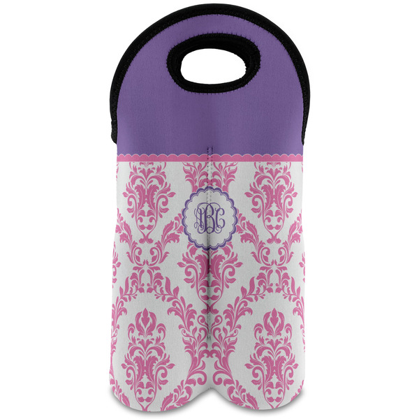 Custom Pink, White & Purple Damask Wine Tote Bag (2 Bottles) w/ Monogram