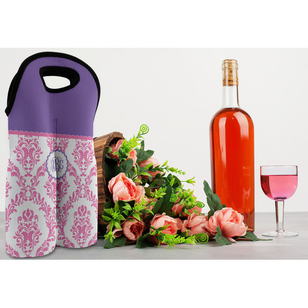 Pink, White & Purple Damask Double Wine Tote - LIFESTYLE (new)