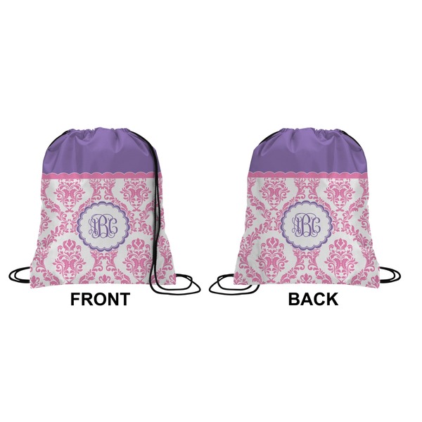 Pink, White & Purple Damask Drawstring Backpack Front & Back Small