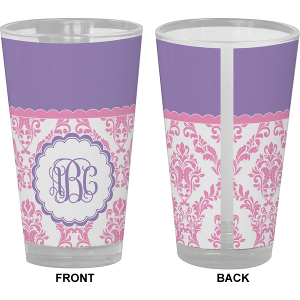 Pink, White & Purple Damask Pint Glass - Full Color - Front & Back Views