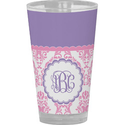 Pink, White & Purple Damask Pint Glass - Full Color (Personalized)