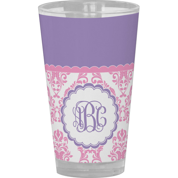 Custom Pink, White & Purple Damask Pint Glass - Full Color (Personalized)