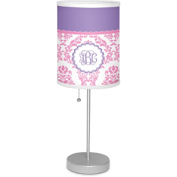 Custom Pink, White & Purple Damask 7" Drum Lamp with Shade Linen (Personalized)