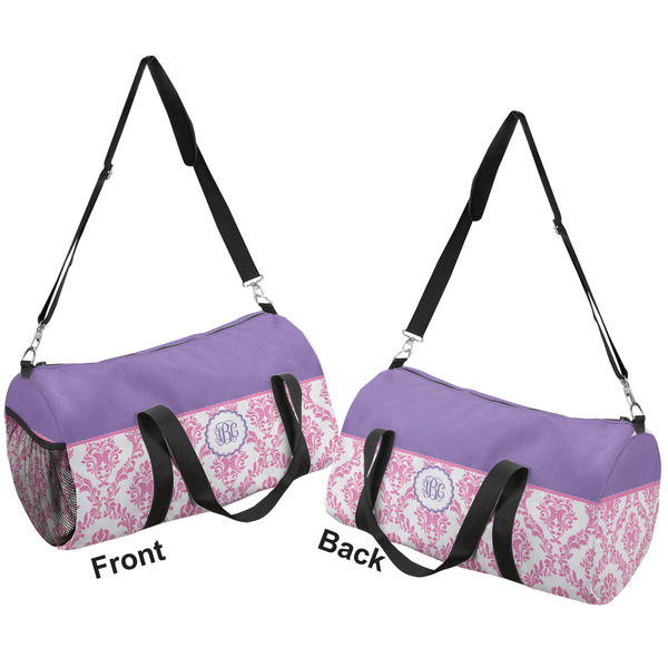 Pink, White & Purple Damask Duffle bag large front and back sides