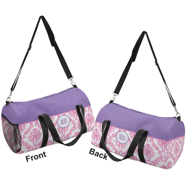 Pink, White & Purple Damask Duffle bag small front and back sides