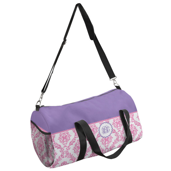 Custom Pink, White & Purple Damask Duffel Bag (Personalized)