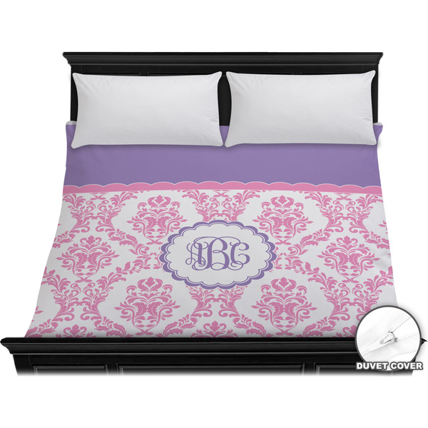 Custom Pink, White & Purple Damask Duvet Cover - King (Personalized)