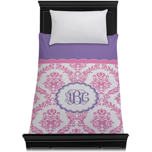 Pink, White & Purple Damask Duvet Cover - Twin - On Bed - No Prop