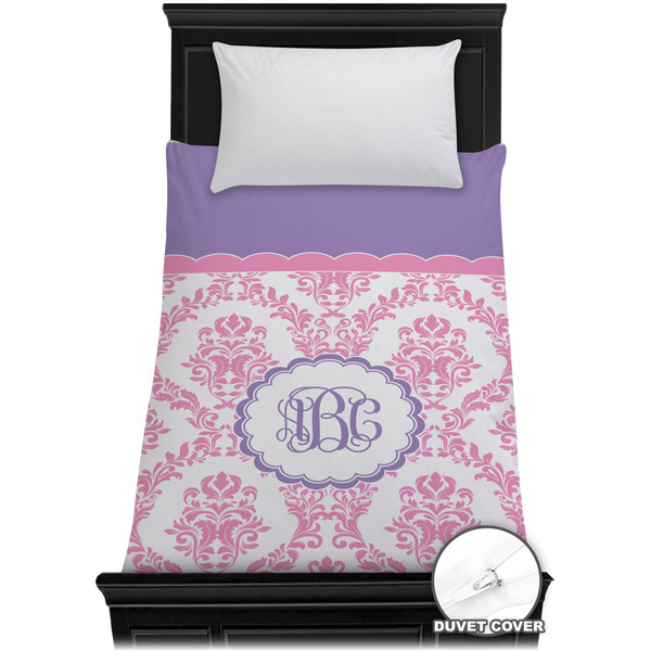 Custom Pink, White & Purple Damask Duvet Cover - Twin XL (Personalized)