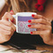 Pink, White & Purple Damask Espresso Cup - 6oz (Double Shot) LIFESTYLE (Woman hands cropped)