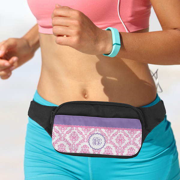 Pink, White & Purple Damask Fanny Packs - LIFESTYLE