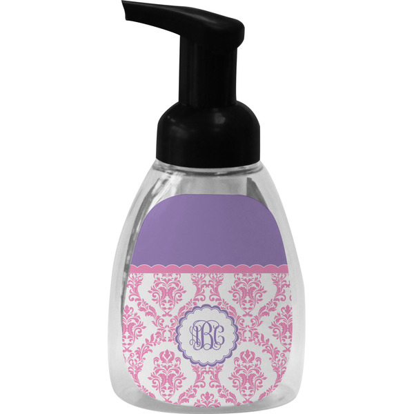 Custom Pink, White & Purple Damask Foam Soap Bottle - Black (Personalized)