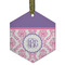 Pink, White & Purple Damask Flat Glass Ornament - Hexagon w/ Monogram