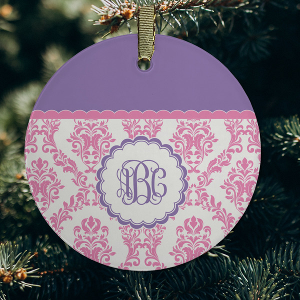 Pink, White & Purple Damask Frosted Glass Ornament - Round (Lifestyle)