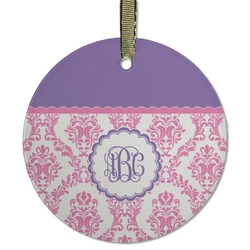 Pink, White & Purple Damask Flat Glass Ornament - Round w/ Monogram