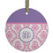 Pink, White & Purple Damask Flat Glass Ornament - Round w/ Monogram