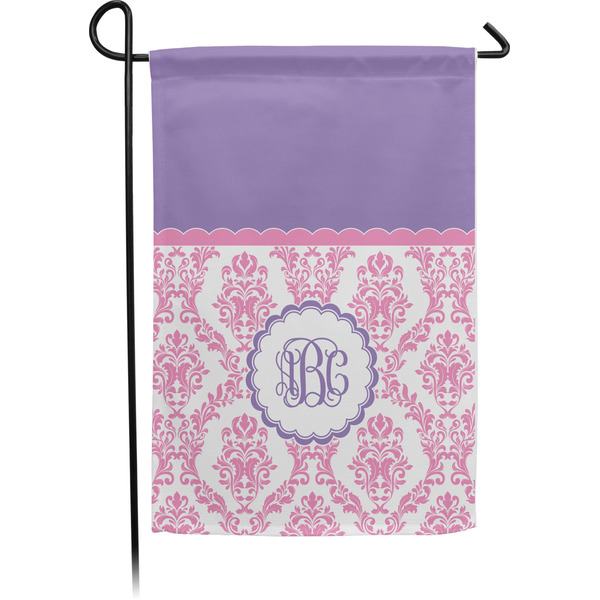 Custom Pink, White & Purple Damask Small Garden Flag - Single Sided w/ Monograms