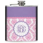 Pink, White & Purple Damask Genuine Leather Flask (Personalized)