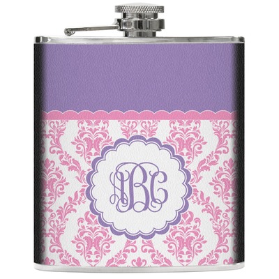 Pink, White & Purple Damask Genuine Leather Flask (Personalized)