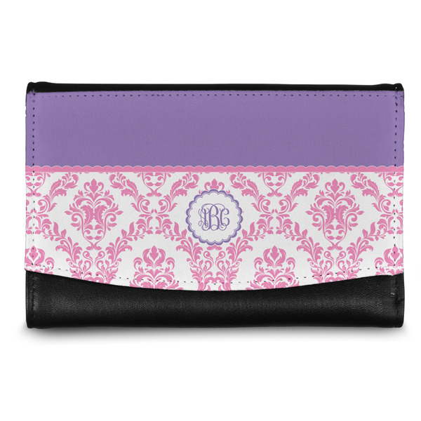 Custom Pink, White & Purple Damask Genuine Leather Women's Wallet - Small (Personalized)