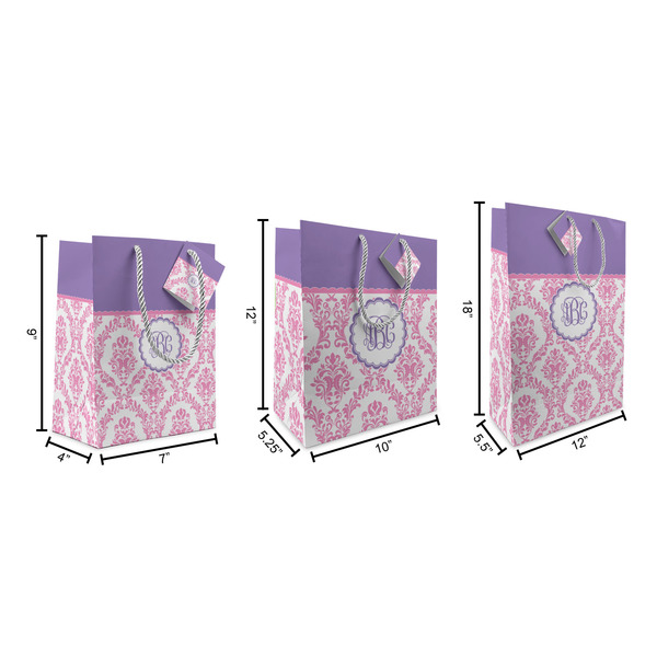 Pink, White & Purple Damask Gift Bags - All Sizes - Dimensions