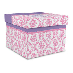 Pink, White & Purple Damask Gift Box with Lid - Canvas Wrapped - Large (Personalized)