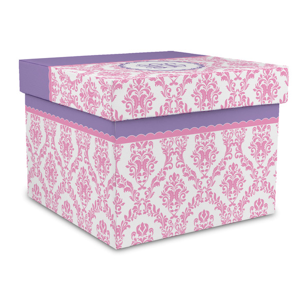 Custom Pink, White & Purple Damask Gift Box with Lid - Canvas Wrapped - Large (Personalized)