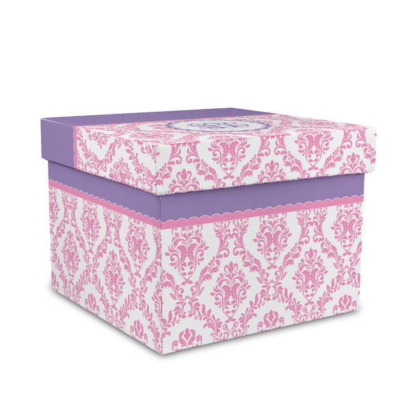 Custom Pink, White & Purple Damask Gift Box with Lid - Canvas Wrapped - Medium (Personalized)