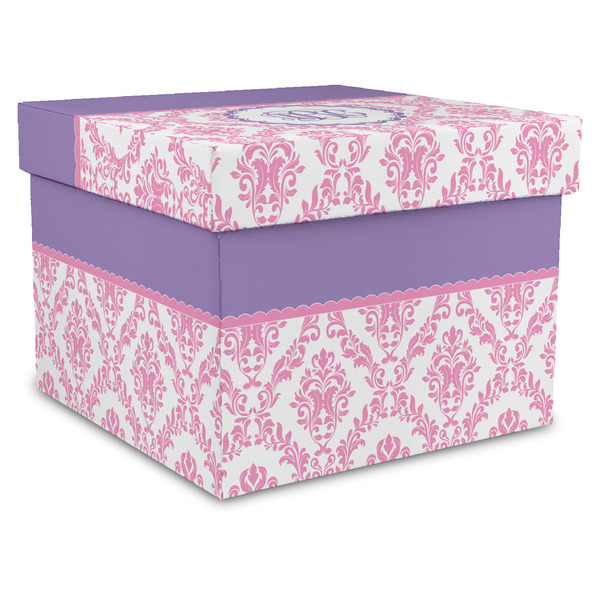 Custom Pink, White & Purple Damask Gift Box with Lid - Canvas Wrapped - XX-Large (Personalized)