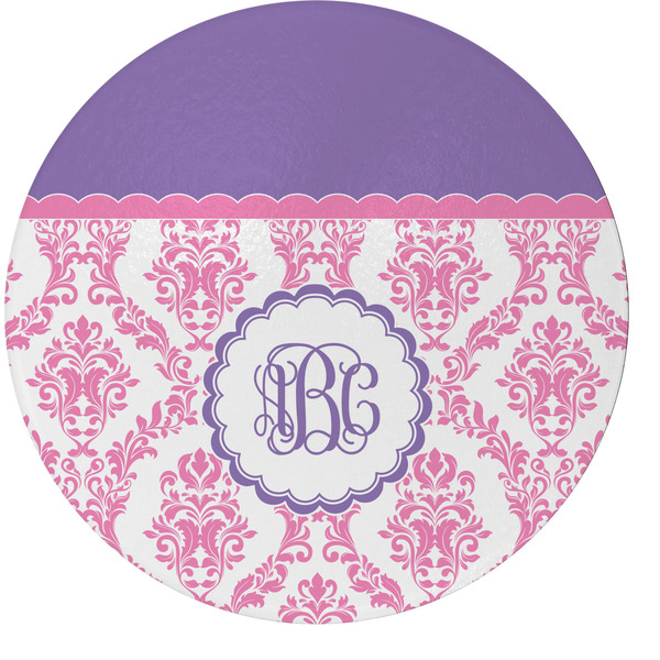 Custom Pink, White & Purple Damask Round Glass Cutting Board (Personalized)