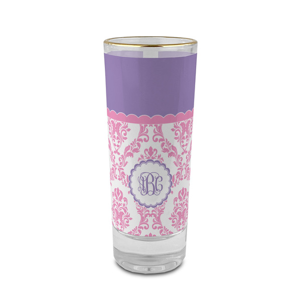 Custom Pink, White & Purple Damask 2 oz Shot Glass -  Glass with Gold Rim - Single (Personalized)